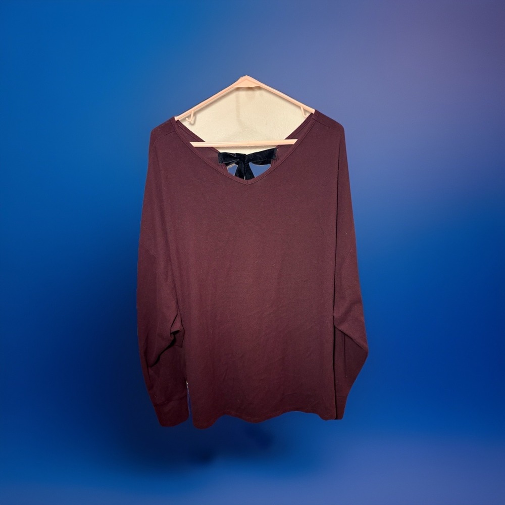 Maurices Burgundy‎ Knit V-Neck Pullover Sweater XL Long Sleeve Bow Accent